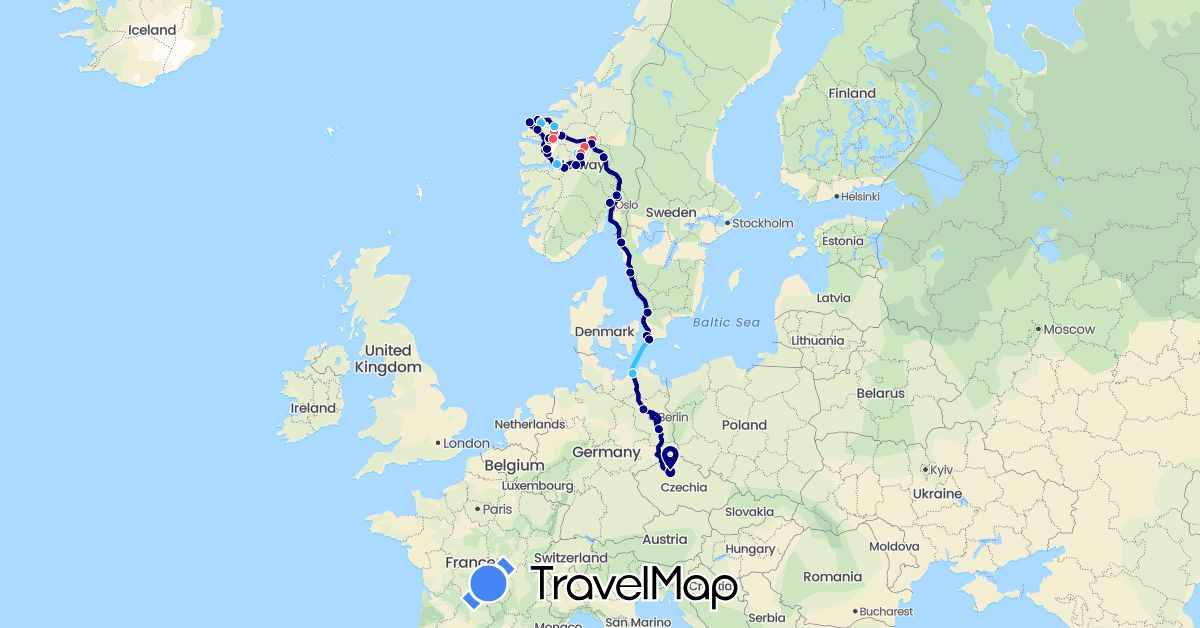 TravelMap itinerary: driving, bus, hiking, boat in Czech Republic, Germany, Norway, Sweden (Europe)