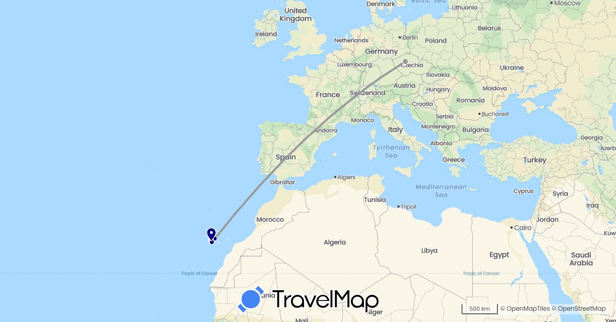TravelMap itinerary: driving, plane, hiking in Czech Republic, Spain (Europe)